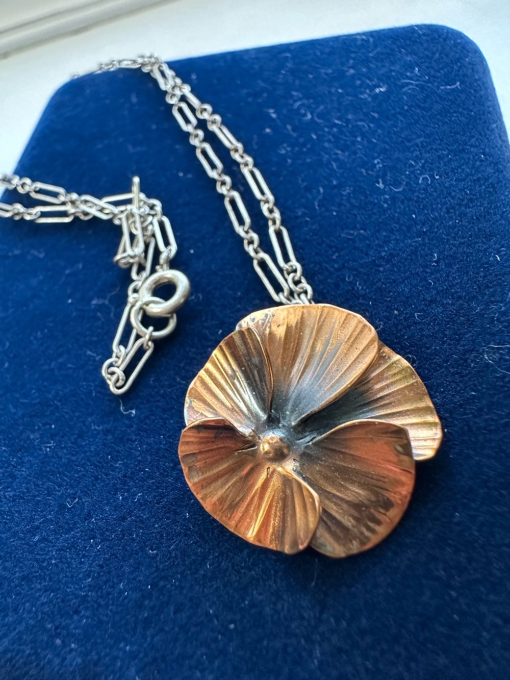 Handcrafted 925 and Copper Flower Pendant Necklace - Vintage Rustic Copper